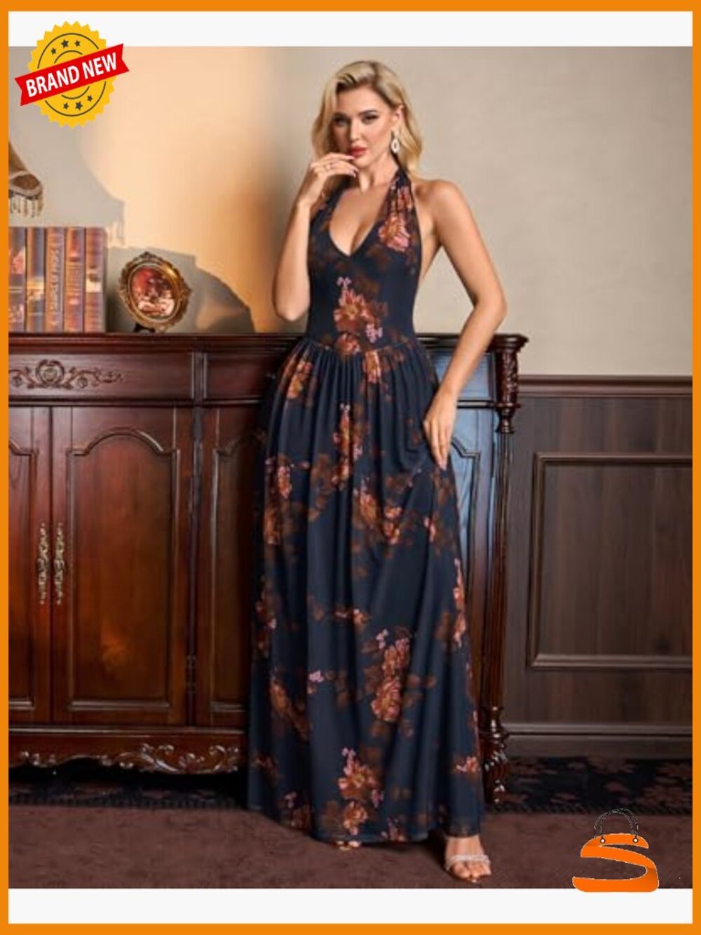 Women's Floral Halter Wedding Guest Maxi Dress V Neck Mesh Semi Formal Long - Picture 5 of 6